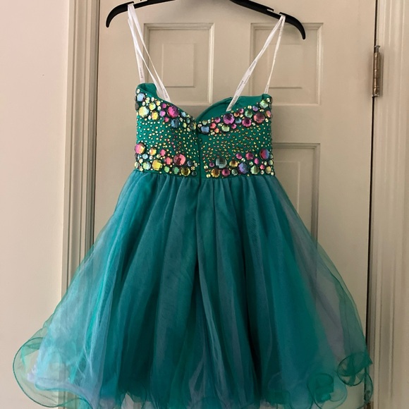 Tony Bowls Homecoming TS11385 Turquoise Size 0 Dress W/ Earrings Strapless - Picture 6 of 11